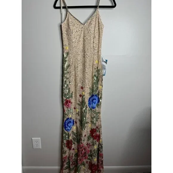 Mac Duggal 5475 Floral Embellished Spaghetti Strap Gown Size 0 NWT Nude Multi - Picture 6 of 12